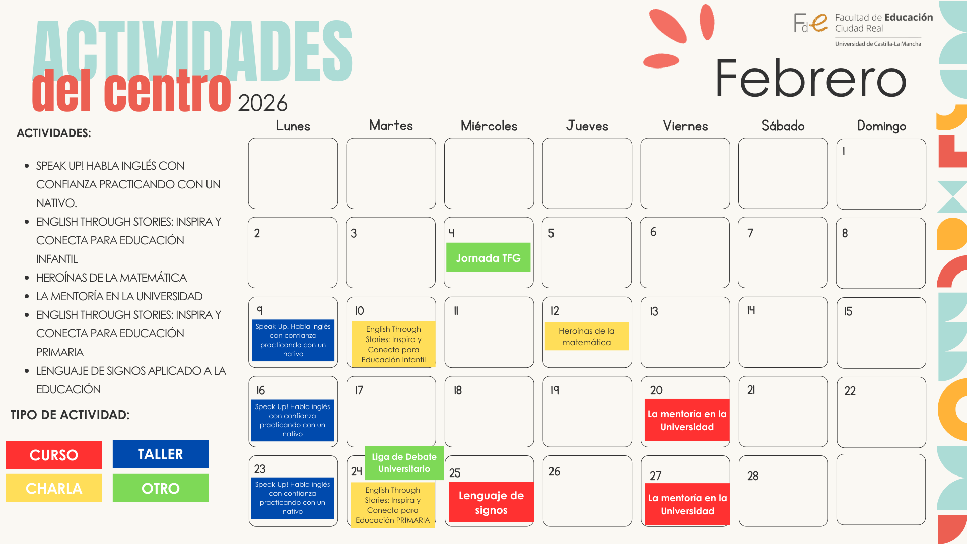 CALENDARIO ACTIVIDADES CULTURALES MES DE FEBRERO