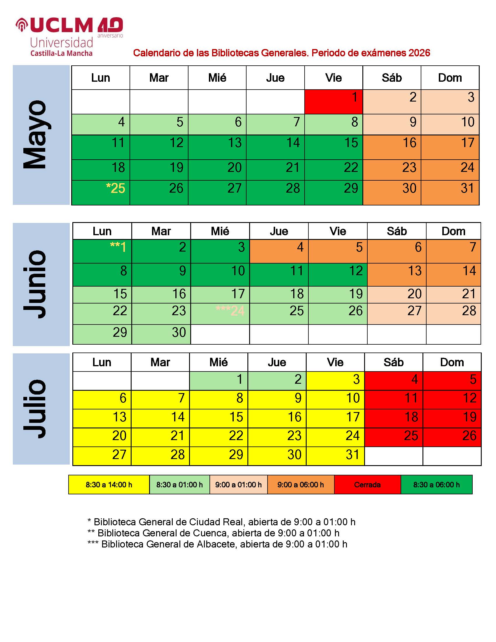 Calendario de apertura de las bibliotecas generales UCLM periodo de exámenes 2026